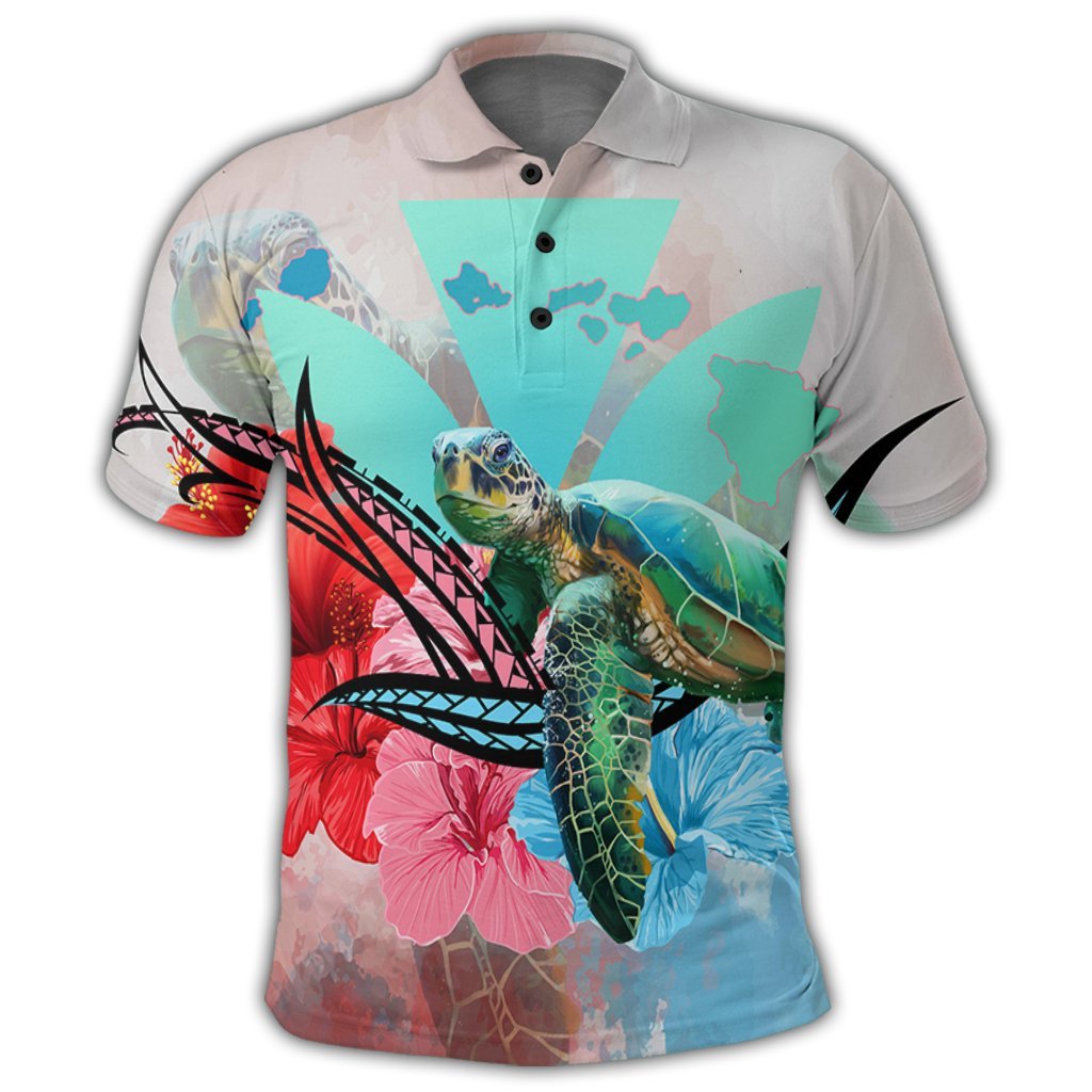 Hawaii Map Kanaka Sea Turtle Hibiscus Polo Shirt Blue Pink - Polynesian Pride