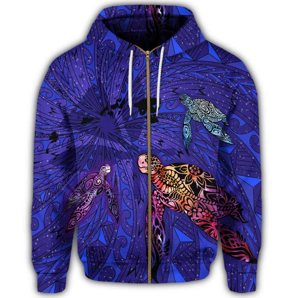 Hawaii Map Kanaka Turtle Zip Hoodie Volcano Style Galaxy - Polynesian Pride