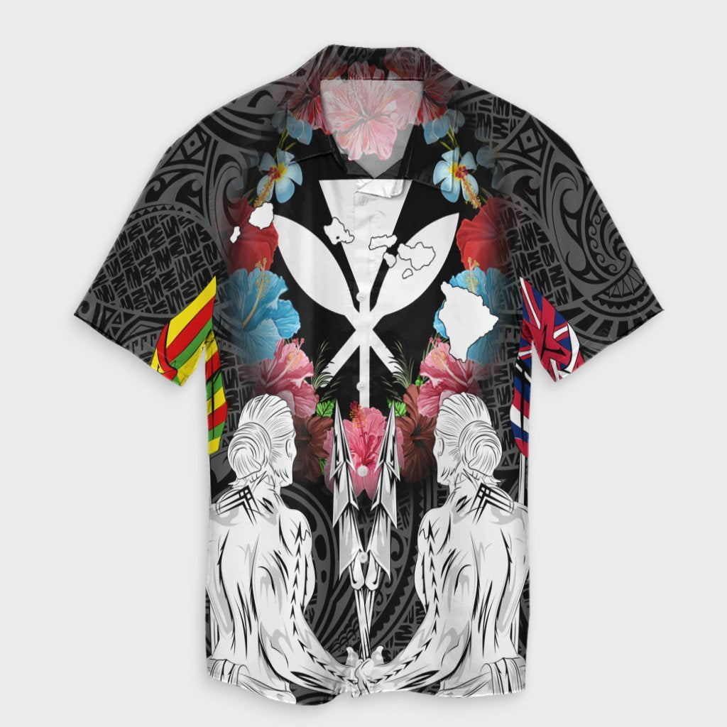 Hawaii Map Kanaka Two Men Holding Flag Hawaiian Shirt - AH Unisex Black - Polynesian Pride