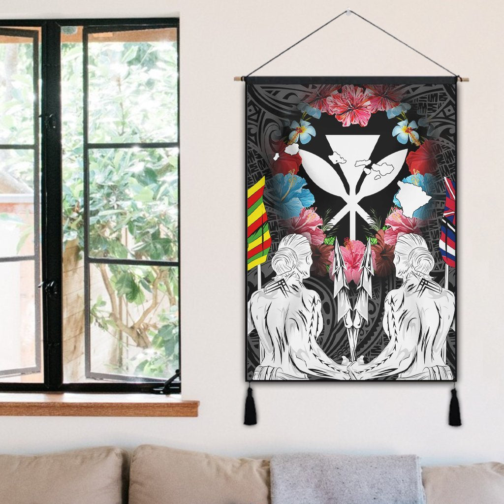 Hawaii Map Kanaka Two Men Holding Flag Hanging Poster - AH - Polynesian Pride