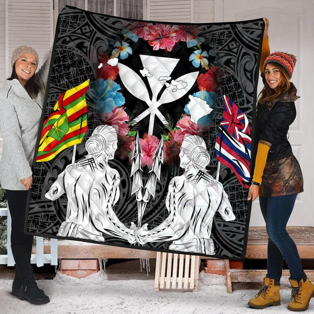 Hawaii Map Kanaka Two Men Holding Flag Premium Quilts - AH - Polynesian Pride