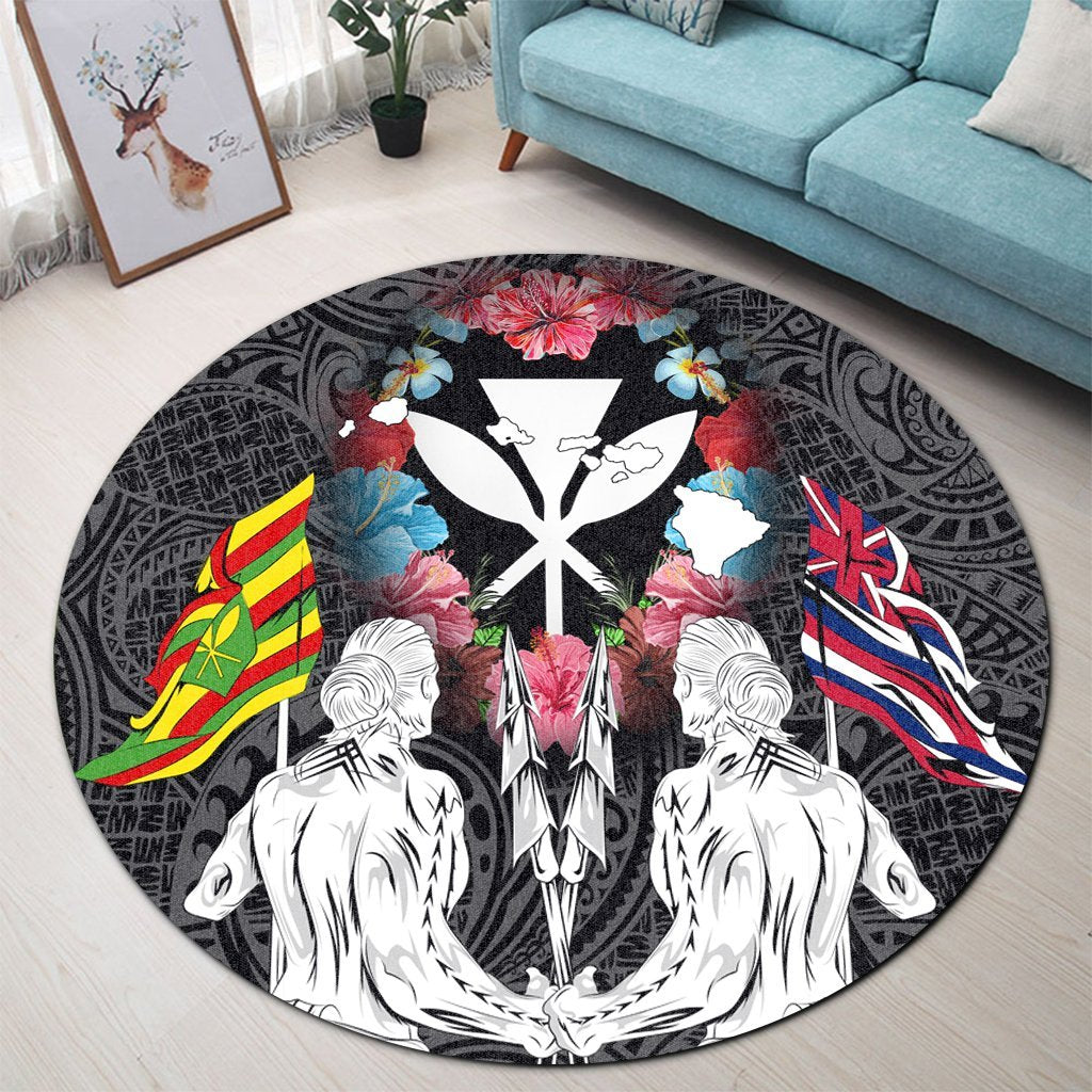 Hawaii Map Kanaka Two Men Holding Flag Round Carpet - AH - Polynesian Pride
