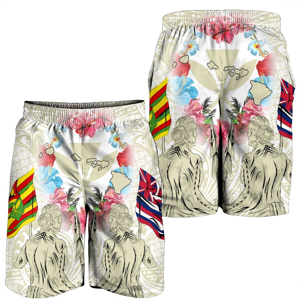 Hawaii Map Kanaka Two Men Holding Flag Men's Shorts Beige - AH - Polynesian Pride