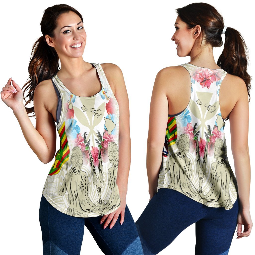 Hawaii Map Kanaka Two Men Holding Flag Racerback Tank Beige - AH Black - Polynesian Pride