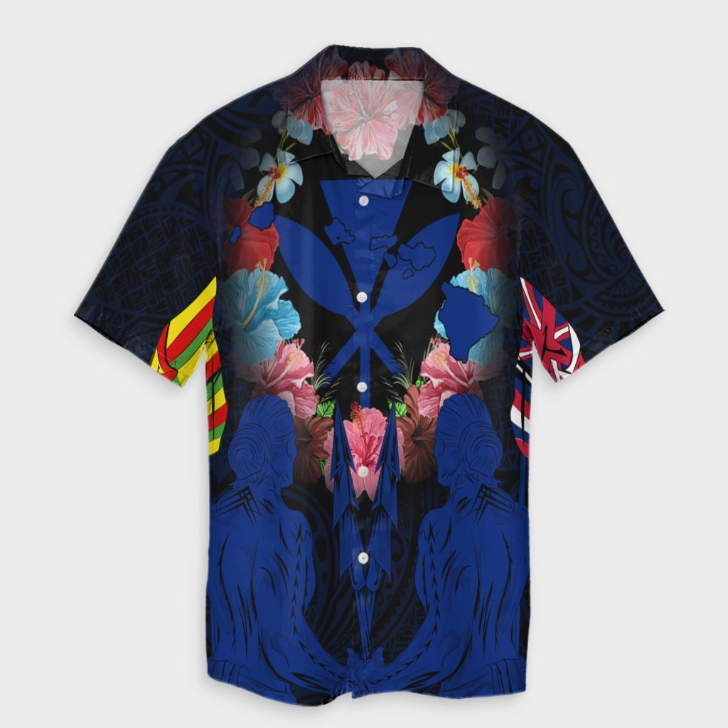 Hawaii Map Kanaka Two Men Holding Flag Hawaiian Shirt Blue - AH Unisex Black - Polynesian Pride
