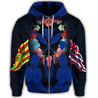 Hawaii Map Kanaka Two Men Holding Flag Zip Hoodie Blue - Polynesian Pride