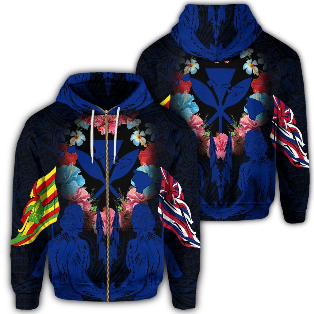 Hawaii Map Kanaka Two Men Holding Flag Zip Hoodie Blue Unisex Art - Polynesian Pride