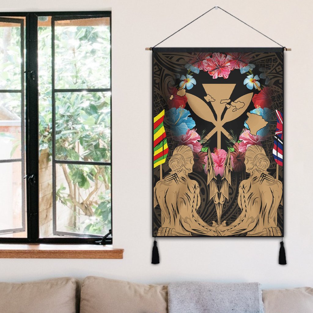 Hawaii Map Kanaka Two Men Holding Flag Hanging Poster Gold - AH - Polynesian Pride