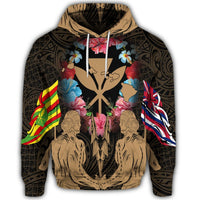 Hawaiian Map Kanaka Two Men Holding Flag Hoodie Gold - Polynesian Pride