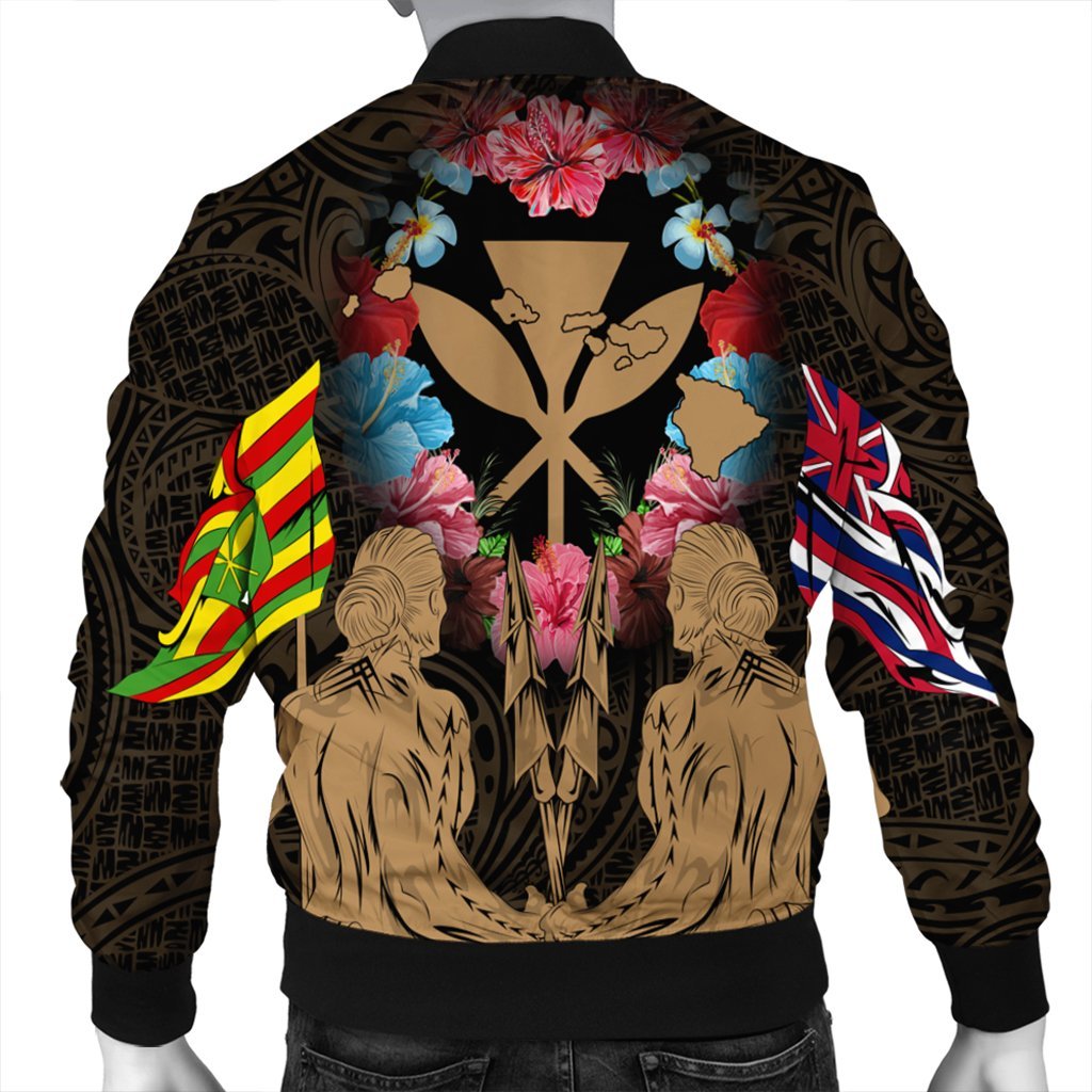 Hawaii Map Kanaka Two Men Holding Flag Bomber Jacket Gold - AH - Polynesian Pride