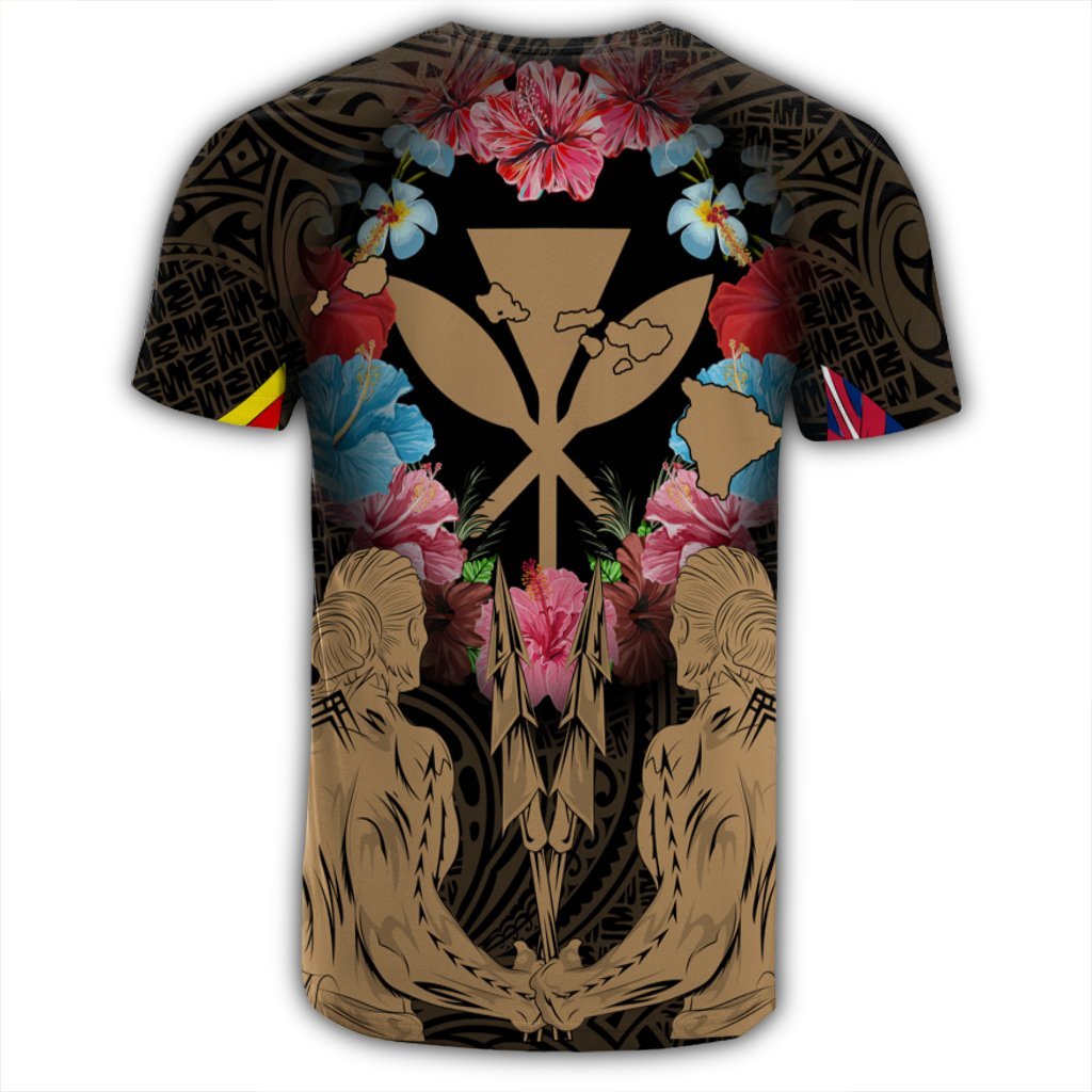 Hawaii Map Kanaka Two Men Holding Flag T Shirt Gold - Polynesian Pride