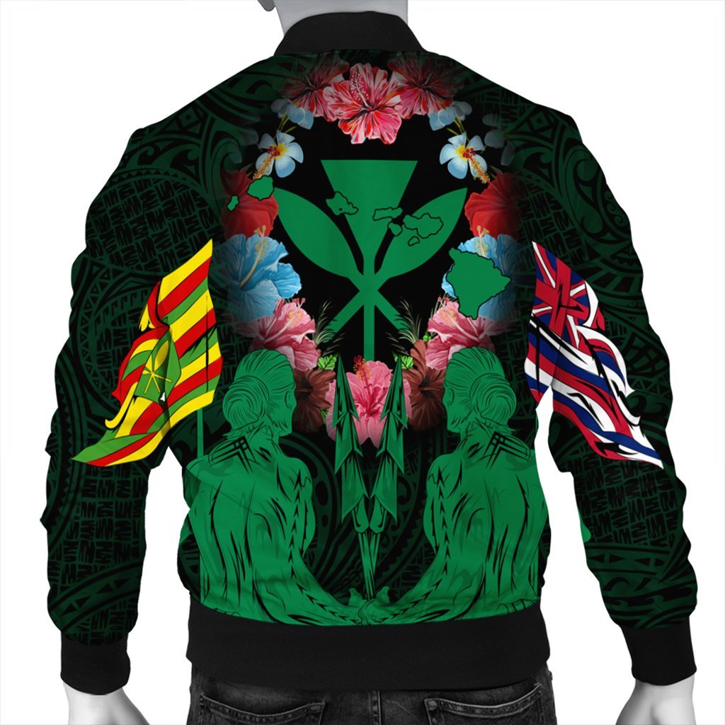 Hawaii Map Kanaka Two Men Holding Flag Bomber Jacket Green - AH - Polynesian Pride