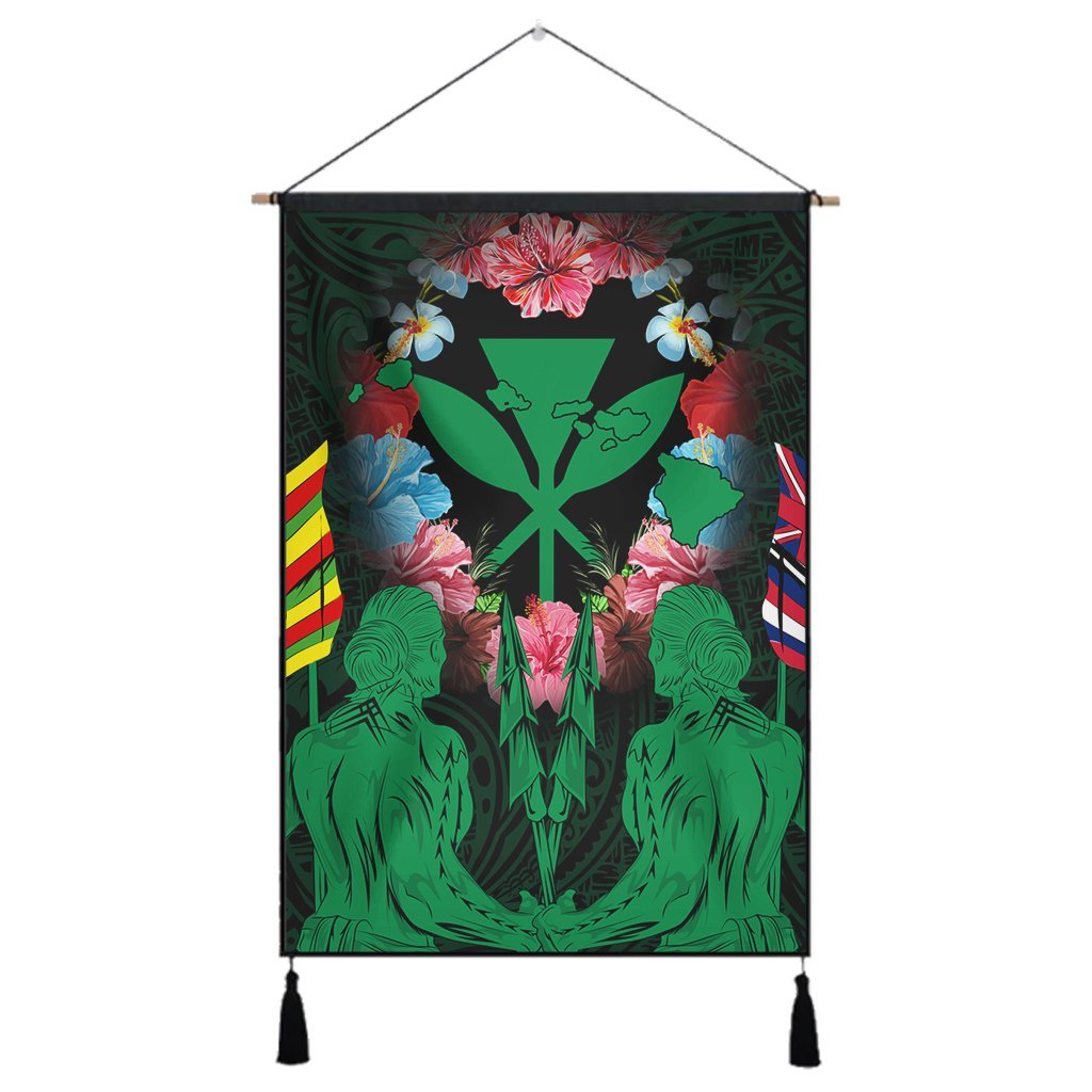 Hawaii Map Kanaka Two Men Holding Flag Hanging Poster Green - AH Hanging Poster Cotton And Linen - Polynesian Pride