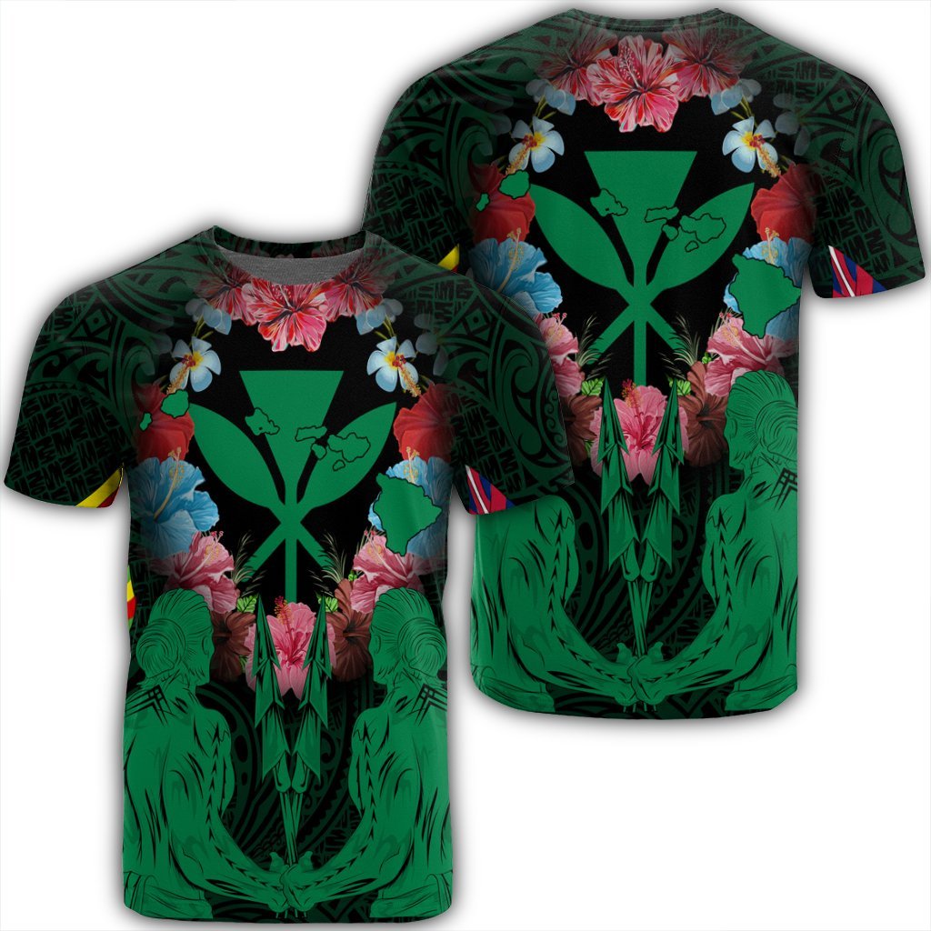 Hawaii Map Kanaka Two Men Holding Flag T Shirt Green Unisex Black - Polynesian Pride