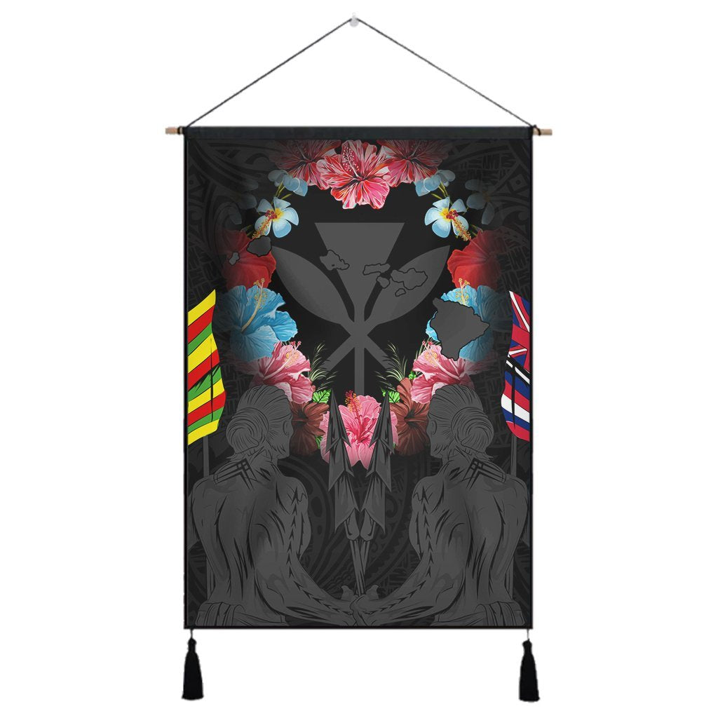 Hawaii Map Kanaka Two Men Holding Flag Hanging Poster Grey - AH Hanging Poster Cotton And Linen - Polynesian Pride