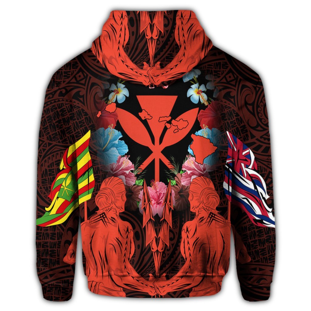 Hawaii Map Kanaka Two Men Holding Flag Zip Hoodie Orange - Polynesian Pride