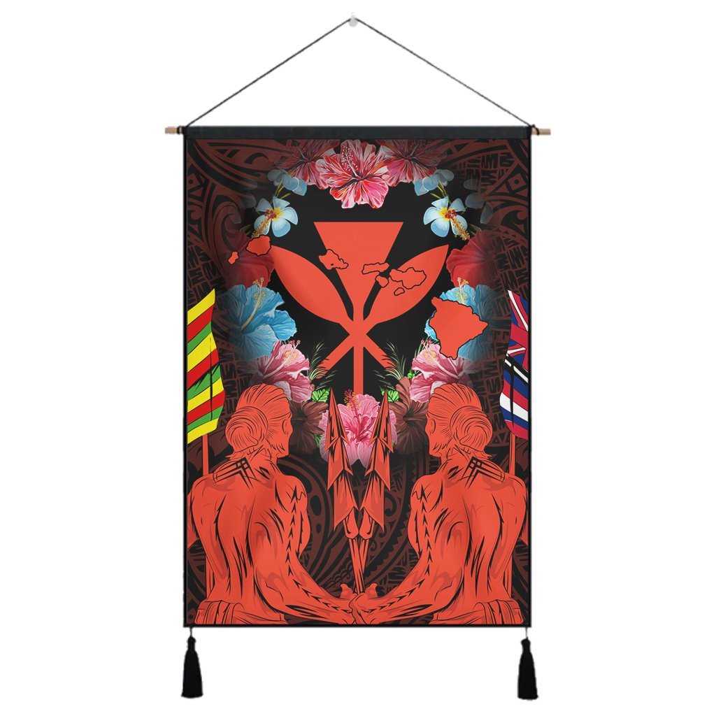 Hawaii Map Kanaka Two Men Holding Flag Hanging Poster Orange - AH Hanging Poster Cotton And Linen - Polynesian Pride