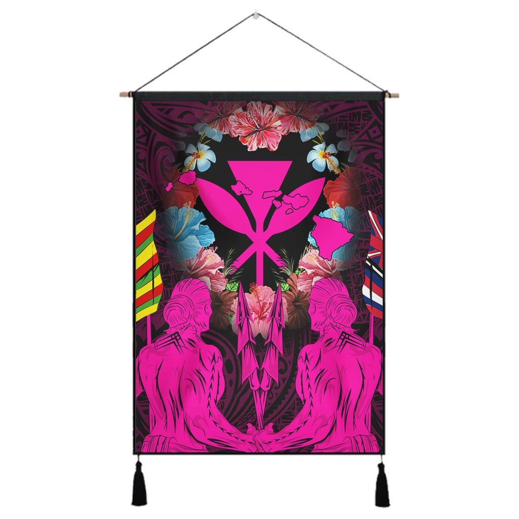 Hawaii Map Kanaka Two Men Holding Flag Hanging Poster Pink - AH Hanging Poster Cotton And Linen - Polynesian Pride
