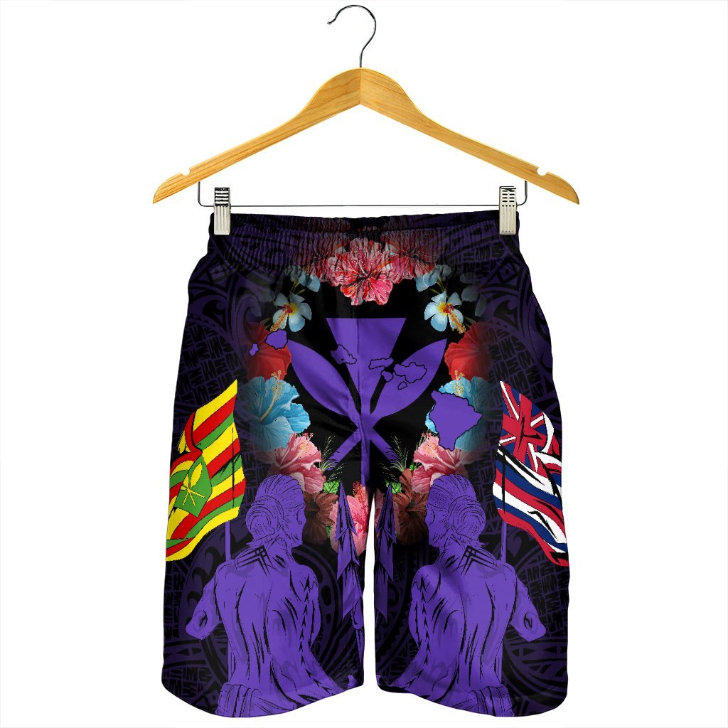 Hawaii Map Kanaka Two Men Holding Flag Men's Shorts Purple - AH - Polynesian Pride