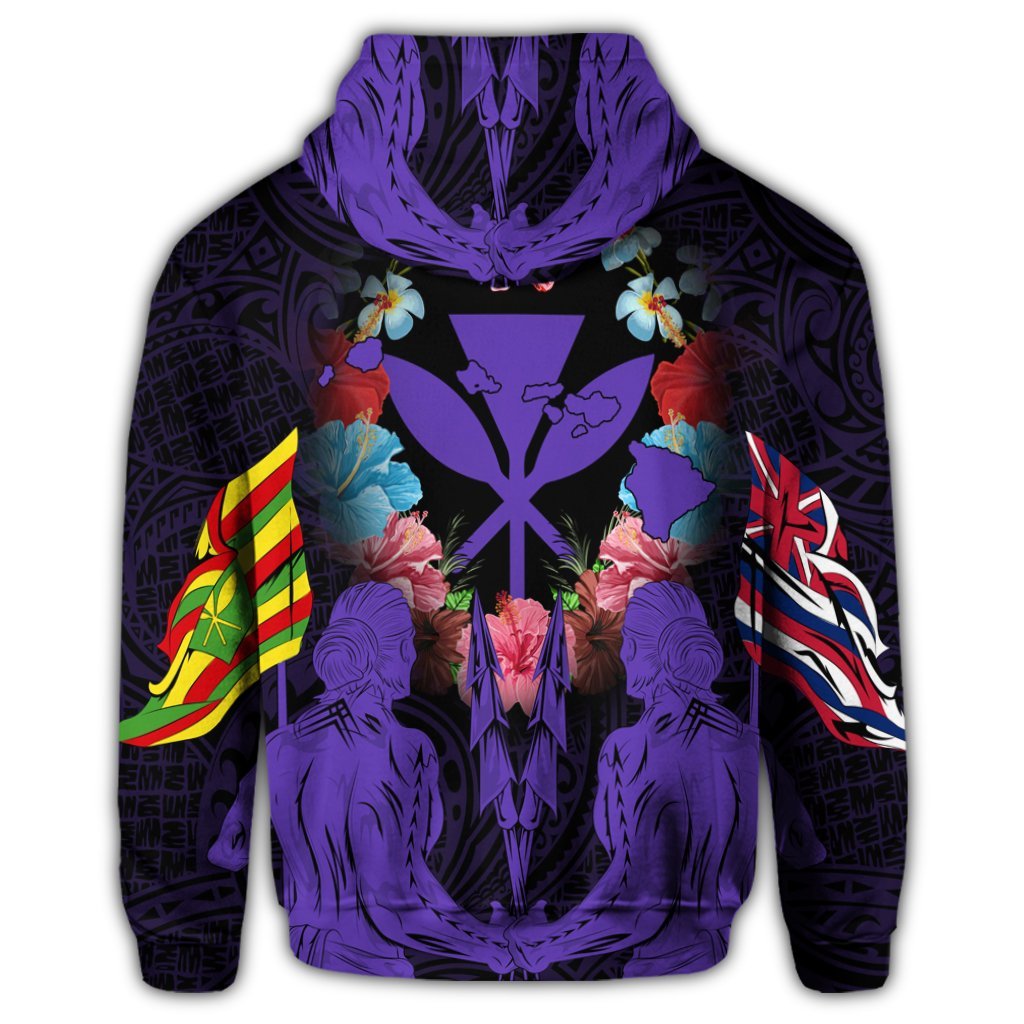 Hawaii Map Kanaka Two Men Holding Flag Zip Hoodie Purple - Polynesian Pride