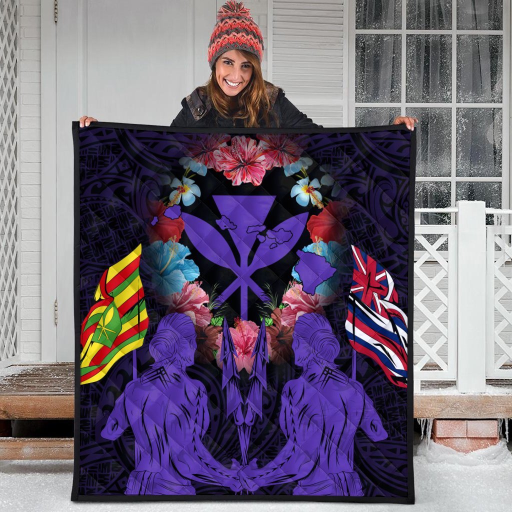 Hawaii Map Kanaka Two Men Holding Flag Premium Quilts Purple - AH - Polynesian Pride