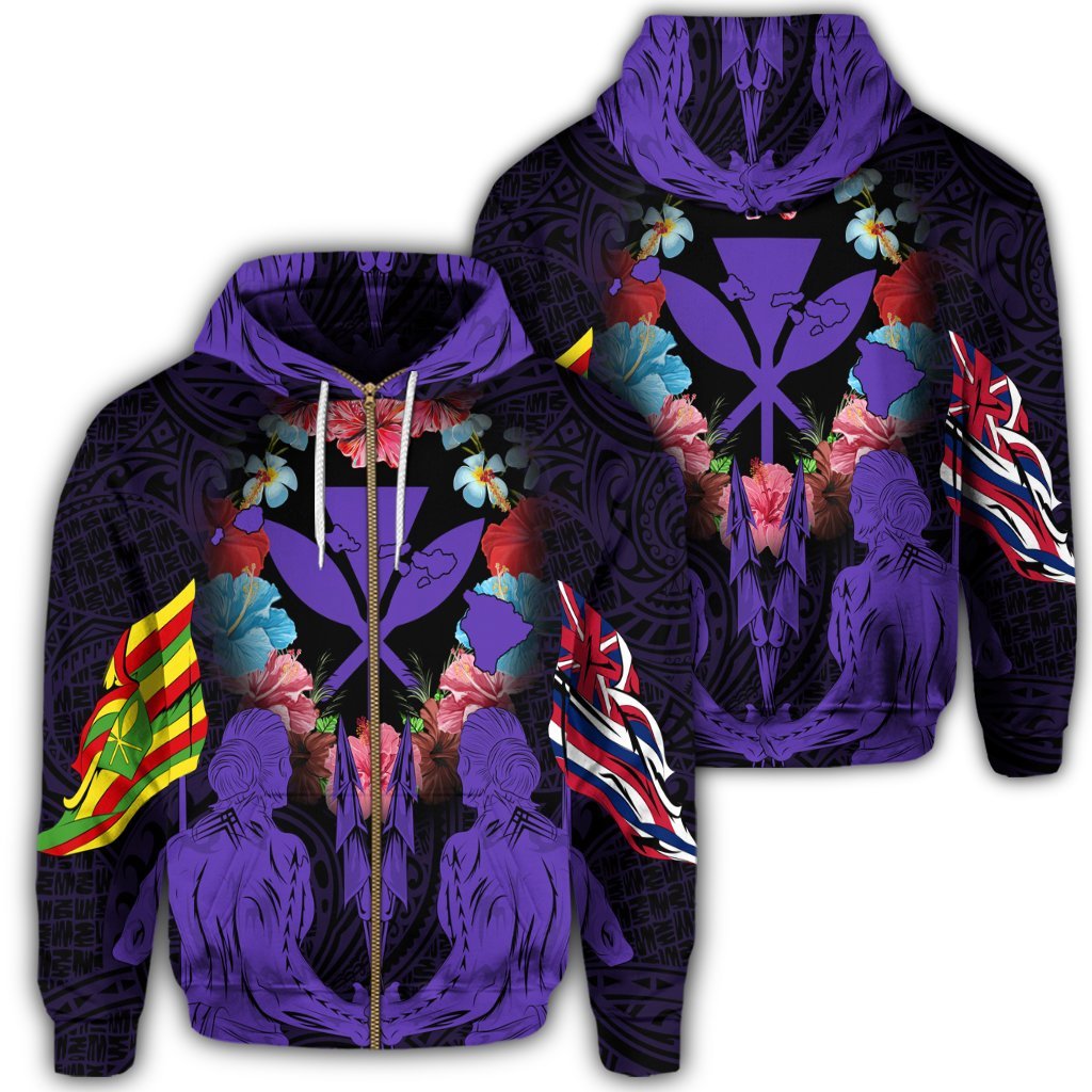 Hawaii Map Kanaka Two Men Holding Flag Zip Hoodie Purple Unisex Art - Polynesian Pride