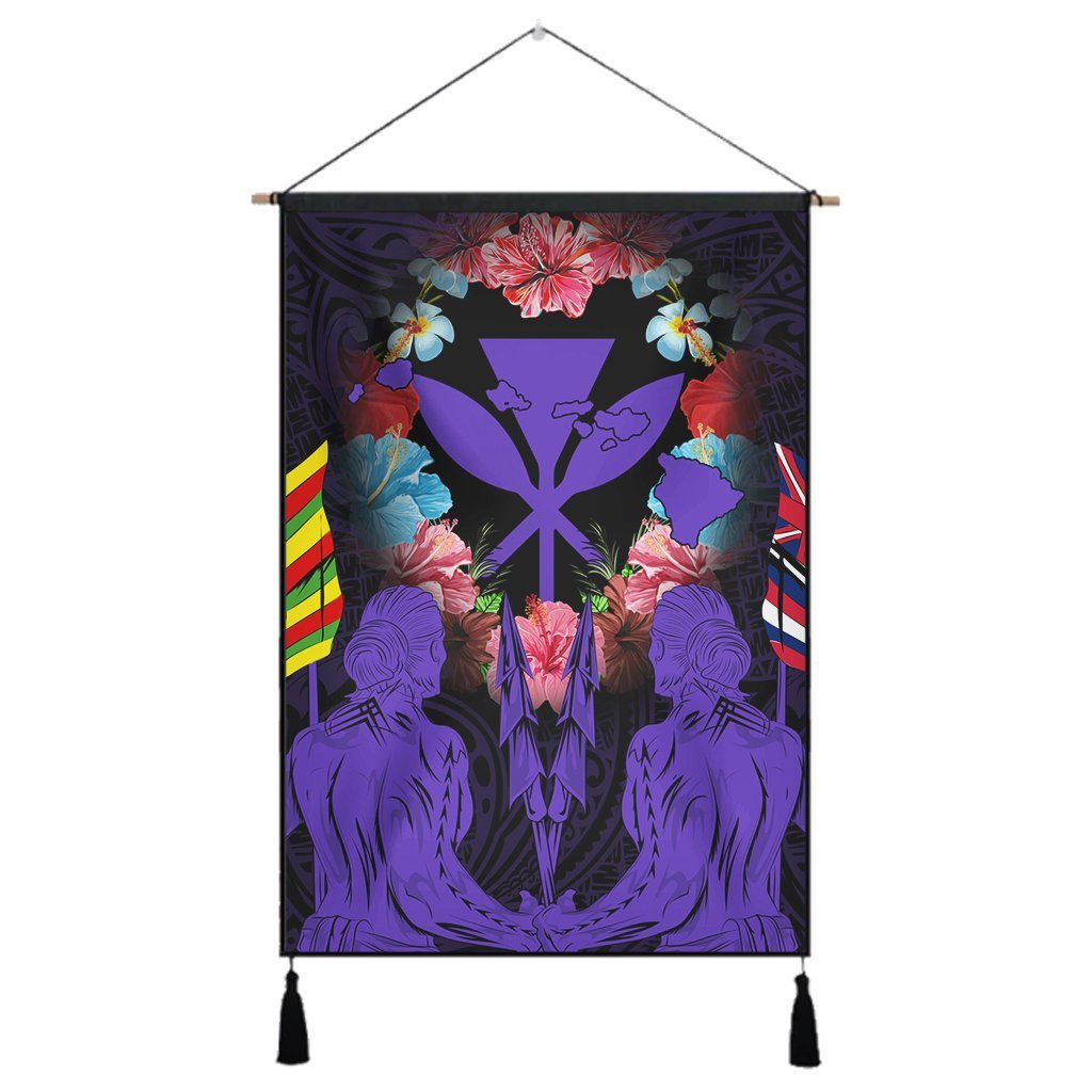 Hawaii Map Kanaka Two Men Holding Flag Hanging Poster Purple - AH Hanging Poster Cotton And Linen - Polynesian Pride