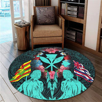 Hawaii Map Kanaka Two Men Holding Flag Round Carpet Turquoise - AH - Polynesian Pride