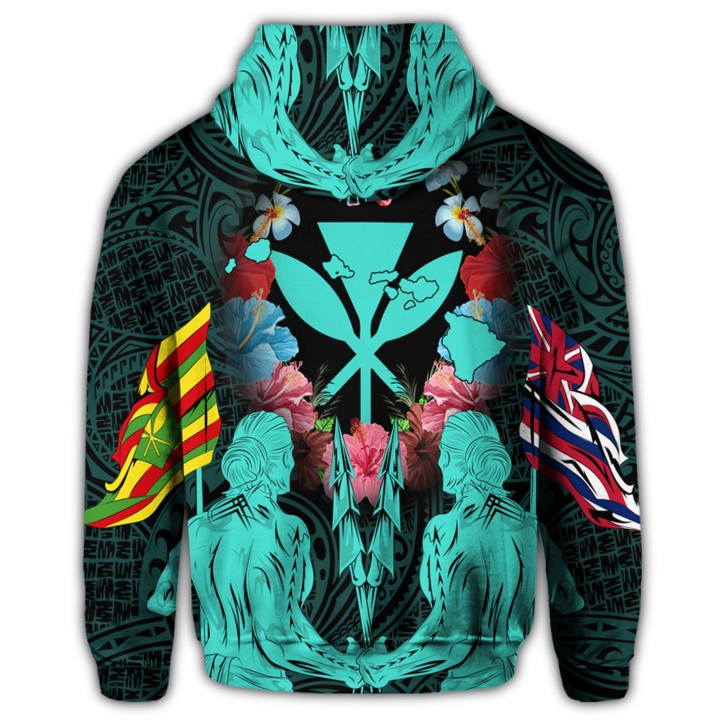 Hawaii Map Kanaka Two Men Holding Flag Zip Hoodie Turquoise - Polynesian Pride