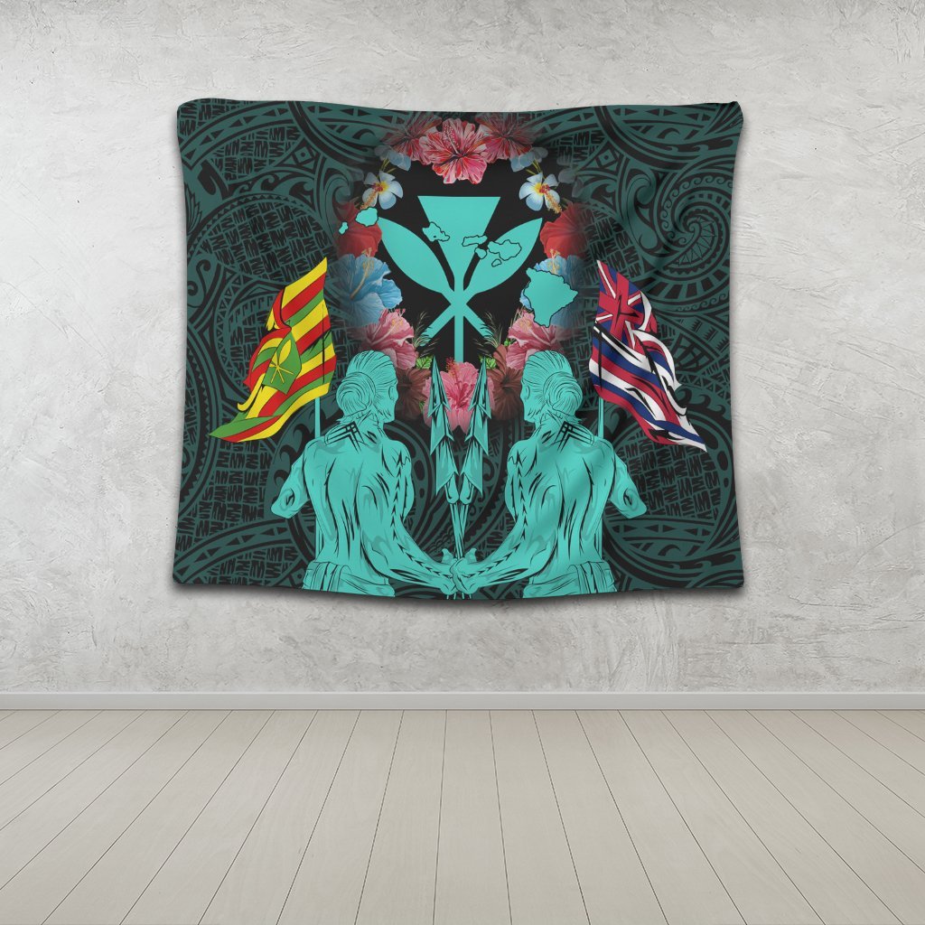 Hawaii Map Kanaka Two Men Holding Flag Tapestry Turquoise - AH - Polynesian Pride