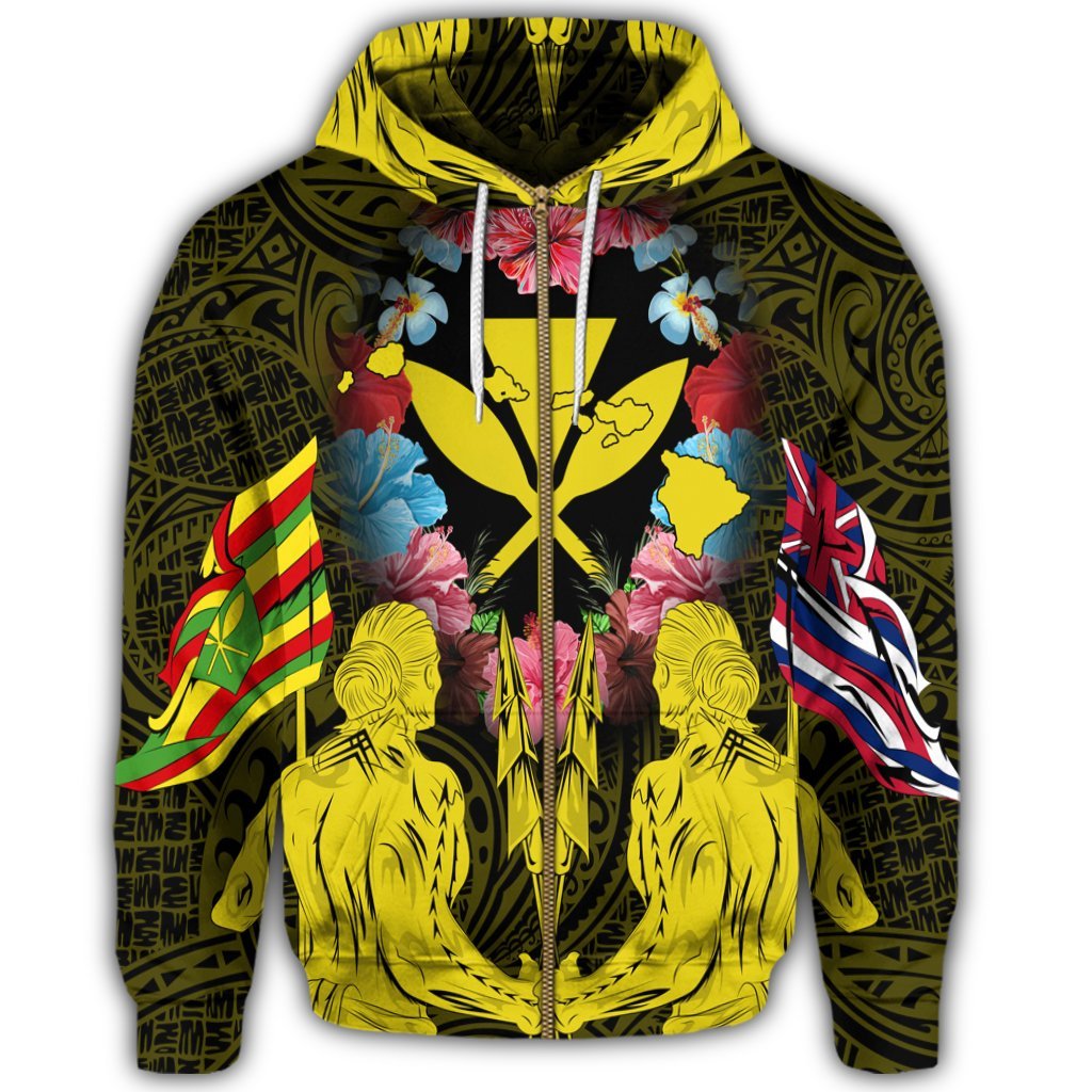Hawaii Map Kanaka Two Men Holding Flag Zip Hoodie Yellow - Polynesian Pride