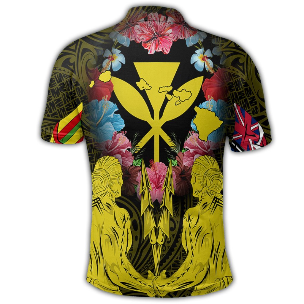 Hawaii Map Kanaka Two Men Holding Flag Polo Shirt Yellow - Polynesian Pride