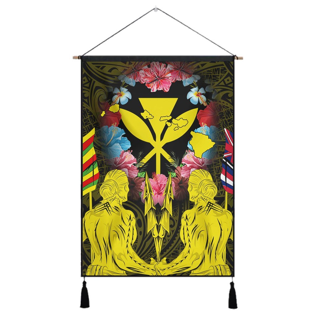 Hawaii Map Kanaka Two Men Holding Flag Hanging Poster Yellow - AH Hanging Poster Cotton And Linen - Polynesian Pride
