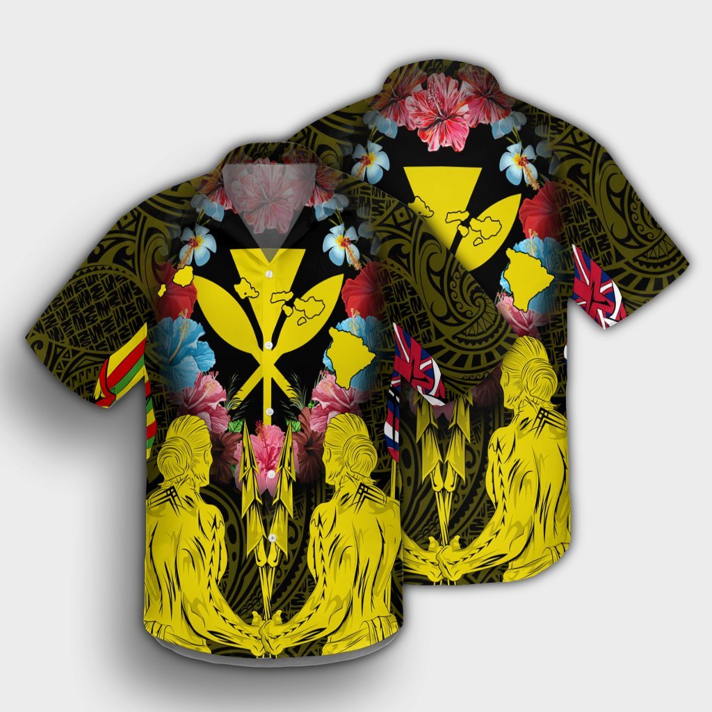 Hawaii Map Kanaka Two Men Holding Flag Hawaiian Shirt Yellow - AH - Polynesian Pride