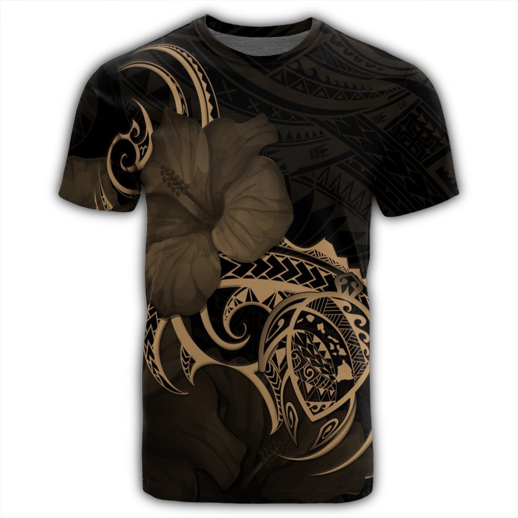 Hawaii Map Turtle Hibiscus Divise Polynesian T Shirt Gold - Polynesian Pride