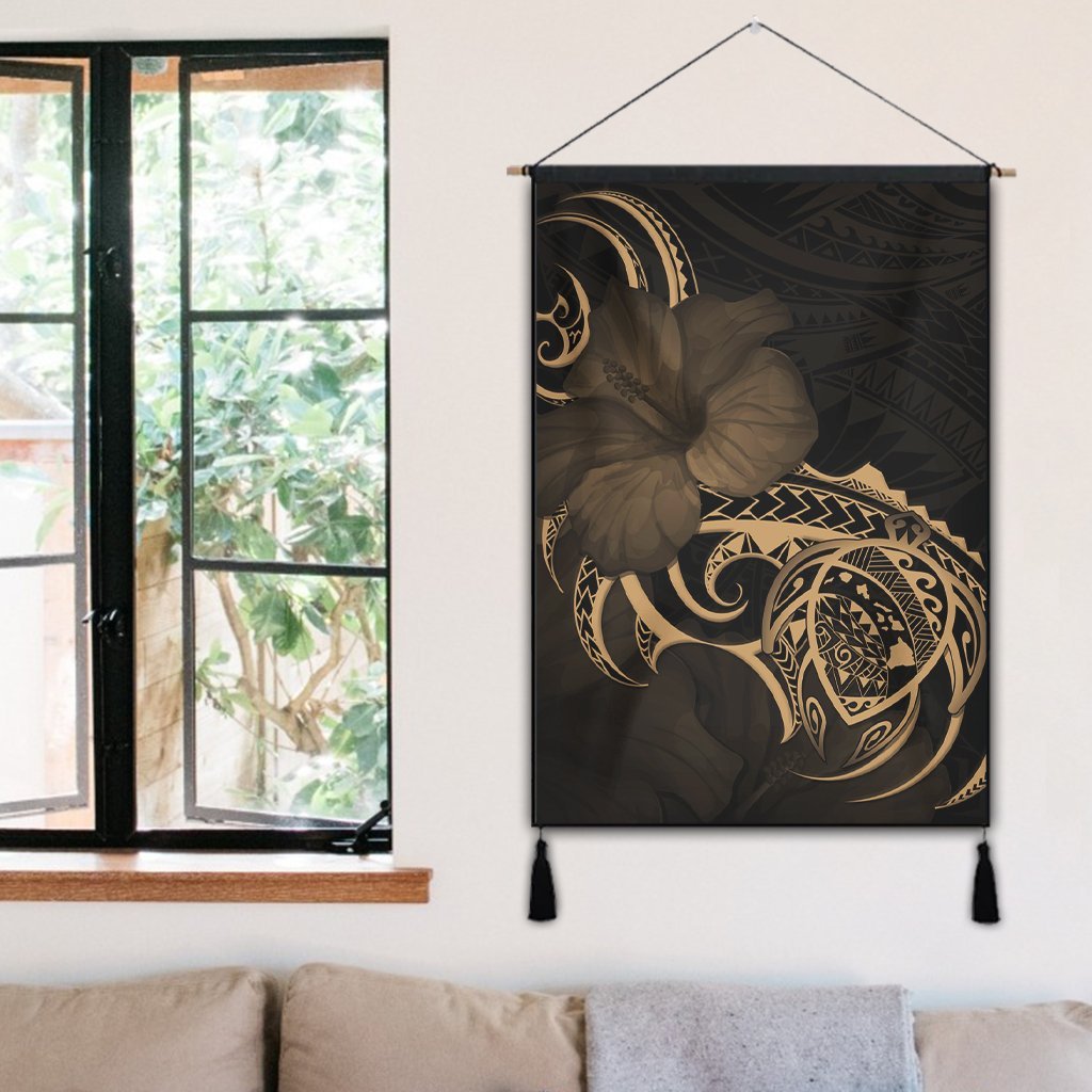 Hawaii Map Turtle Hibiscus Divise Polynesian Hanging Poster Gold - AH - Polynesian Pride