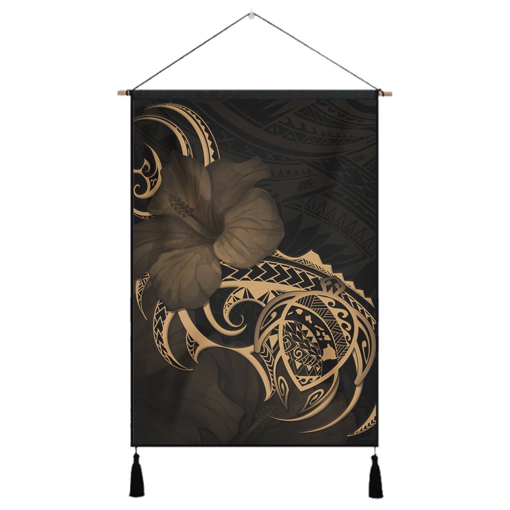 Hawaii Map Turtle Hibiscus Divise Polynesian Hanging Poster Gold - AH Hanging Poster Cotton And Linen - Polynesian Pride
