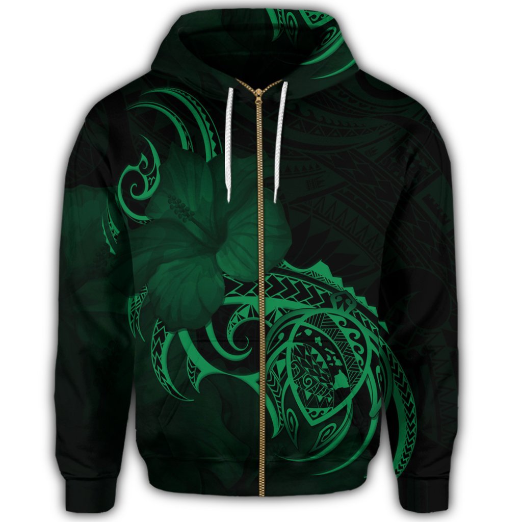 Hawaii Map Turtle Hibiscus Divise Polynesian Zip Hoodie Green - Polynesian Pride
