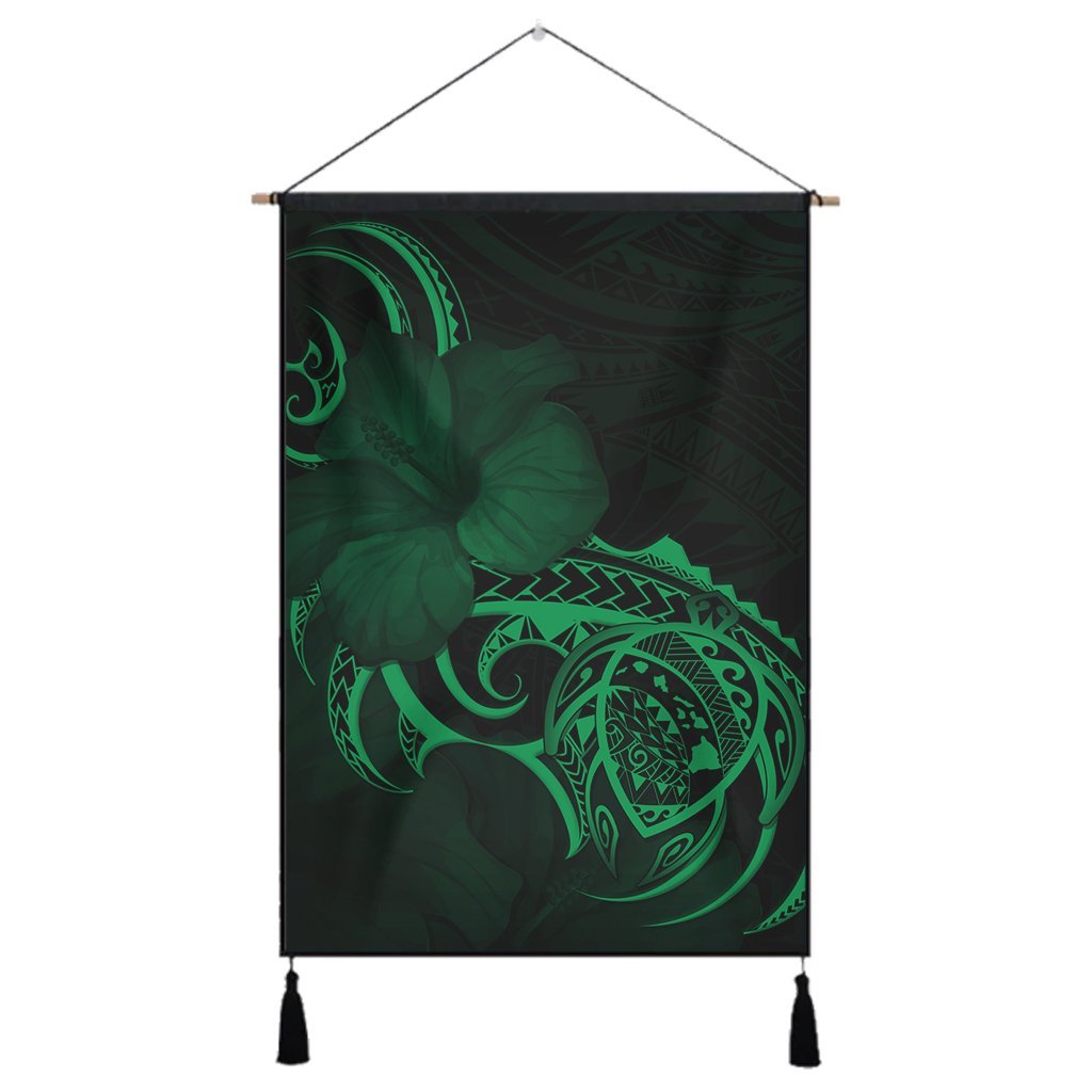 Hawaii Map Turtle Hibiscus Divise Polynesian Hanging Poster Green - AH Hanging Poster Cotton And Linen - Polynesian Pride