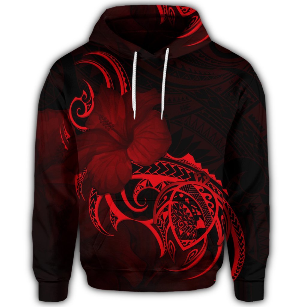 Hawaiian Map Turtle Hibiscus Divise Polynesian Red Hoodie - Polynesian Pride