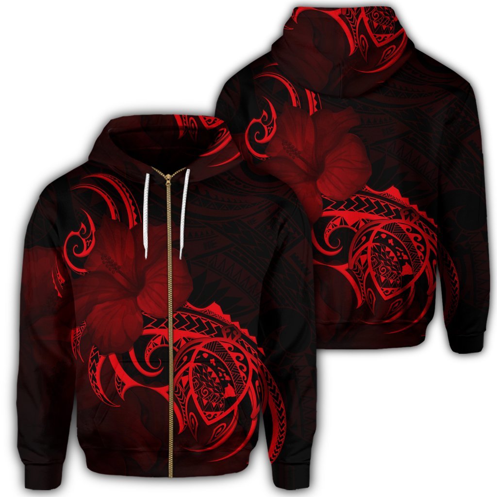 Hawaii Map Turtle Hibiscus Divise Polynesian Zip Hoodie Red Unisex Art - Polynesian Pride