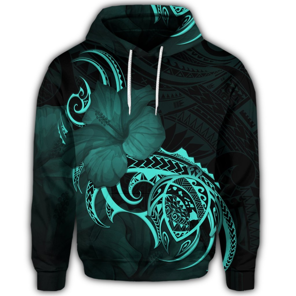 Hawaiian Map Turtle Hibiscus Divise Polynesian Hoodie Turquoise - Polynesian Pride