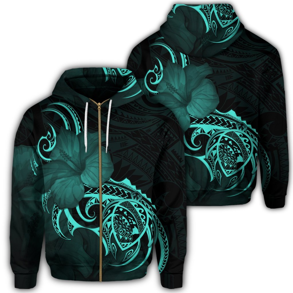 Hawaii Map Turtle Hibiscus Divise Polynesian Zip Hoodie Turquoise Unisex Art - Polynesian Pride