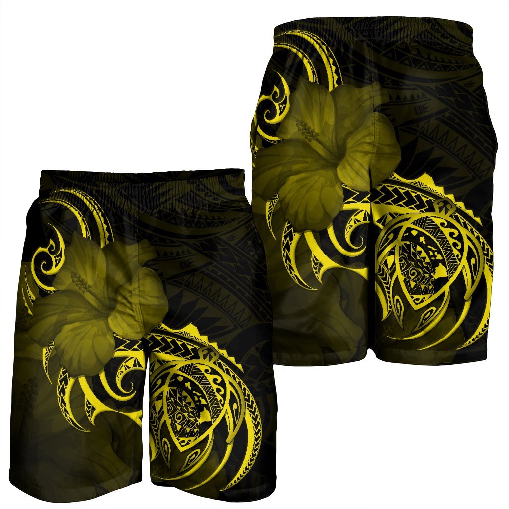 Hawaii Map Turtle Hibiscus Divise Polynesian Men's Shorts Yellow - AH - Polynesian Pride