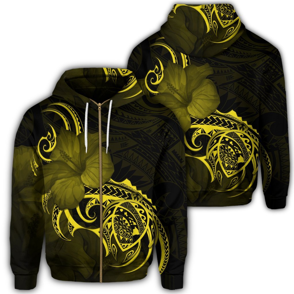 Hawaii Map Turtle Hibiscus Divise Polynesian Zip Hoodie Yellow Unisex Art - Polynesian Pride