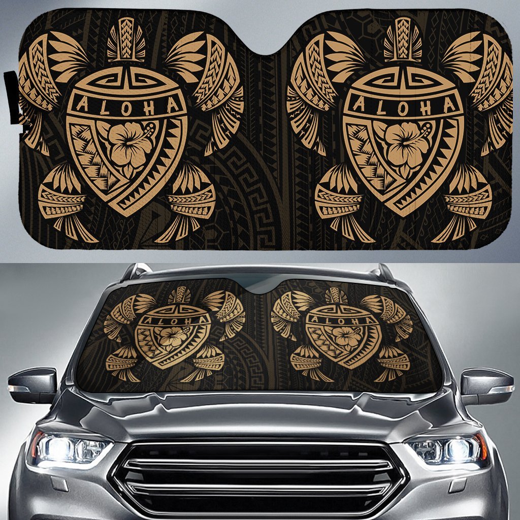 Hawaii Map Turtle Ohana Hibiscus Kakau Polynesian Car Sun Shade Auto Sun Shade Universal Fit Gold - Polynesian Pride