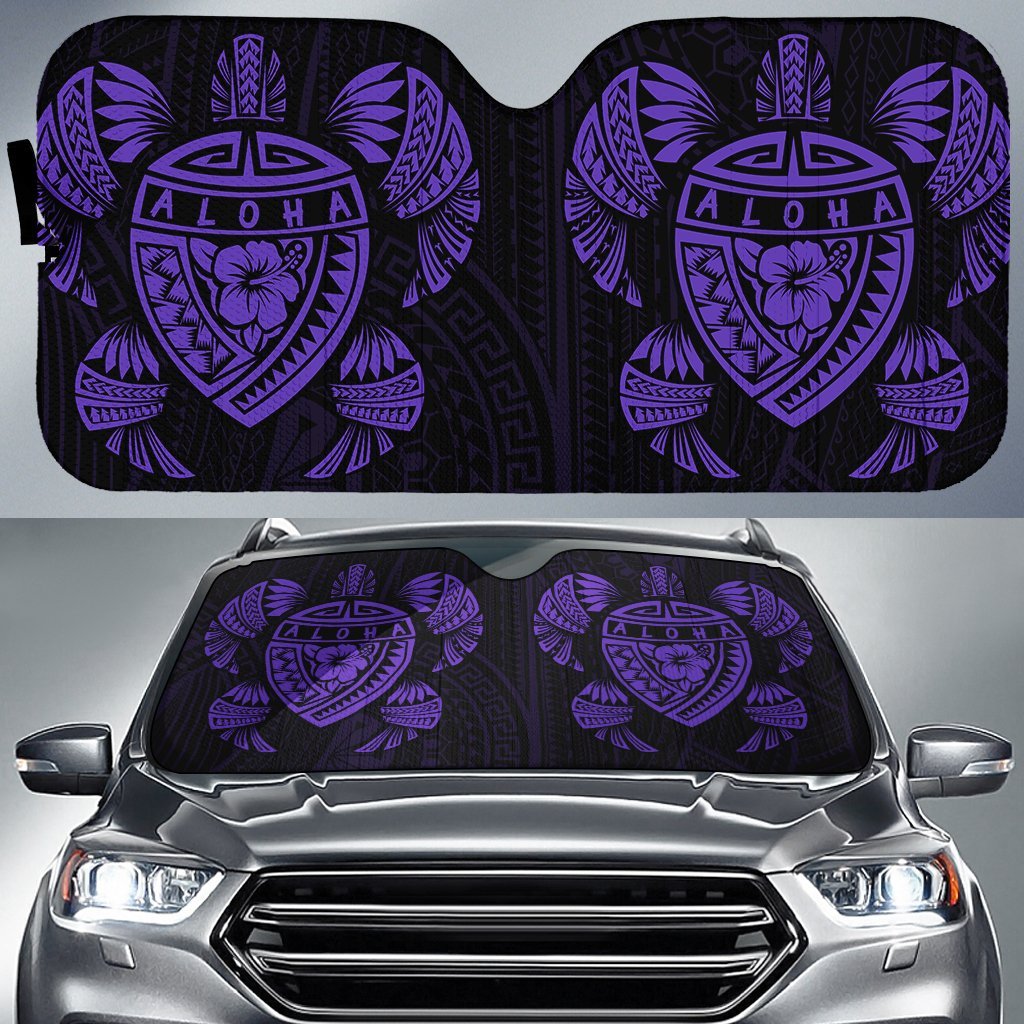Hawaii Map Turtle Ohana Hibiscus Kakau Polynesian Car Sun Shade Auto Sun Shade Universal Fit Purple - Polynesian Pride