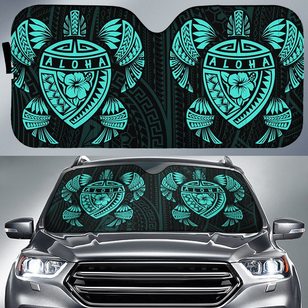 Hawaii Map Turtle Ohana Hibiscus Kakau Polynesian Car Sun Shade Auto Sun Shade Universal Fit Turquoise - Polynesian Pride