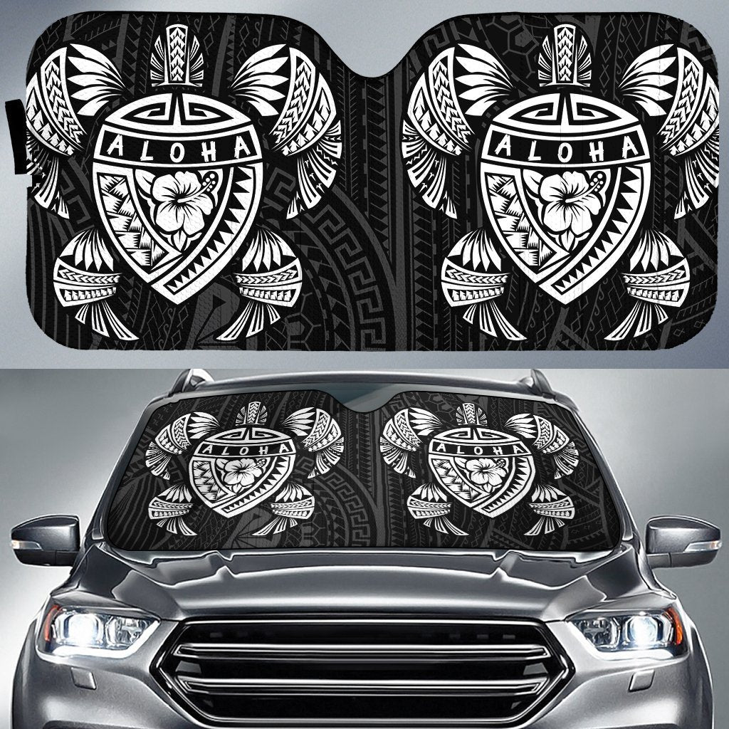 Hawaii Map Turtle Ohana Hibiscus Kakau Polynesian Car Sun Shade Auto Sun Shade Universal Fit White - Polynesian Pride