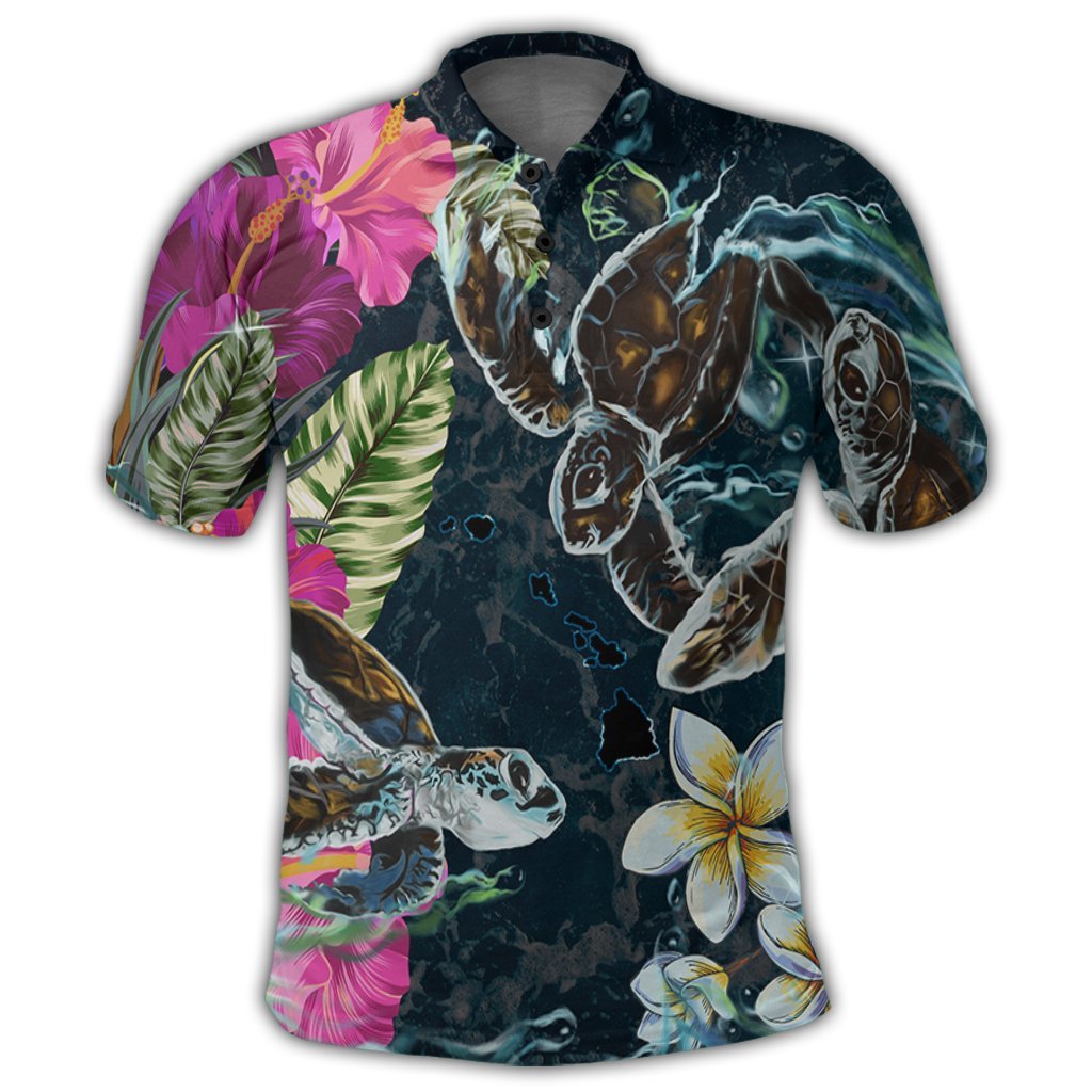 Hawaii Map Turtle Swimming Hibiscus Plumeria Moana Polo Shirt - Polynesian Pride